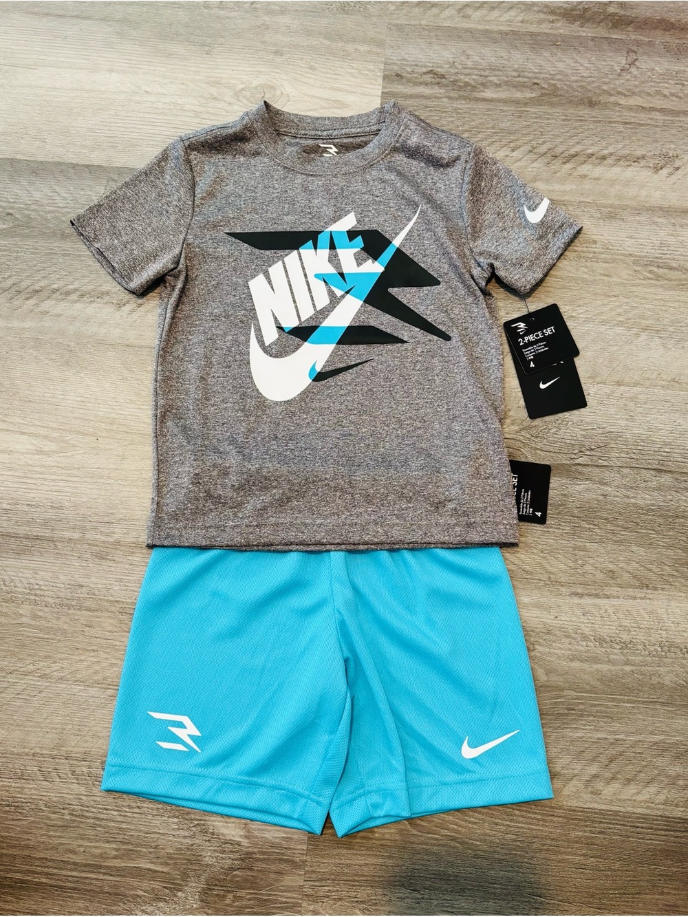 NEW Boys Nike Dri-fit activewear athletic logo tee & shorts set Blue & gray